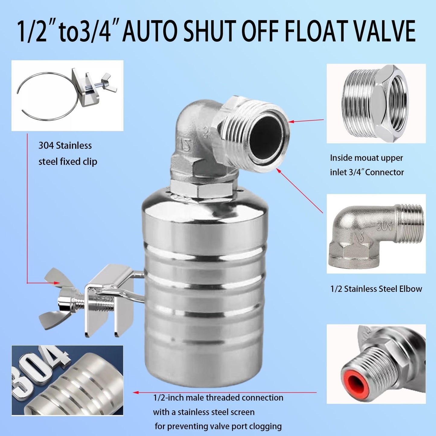 Float Valve1/2" 3/4" Auto Shut Off Mini Float Valve,304 Stainless Steel Auto Water Level Control Valve for Water Tank,Pool,Water Tank, Livestock Troughs 2pcs