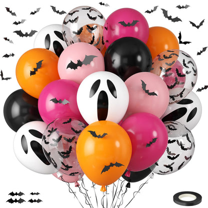Orange Pink Halloween Balloons, 12 Inch Ghost Balloons, Black Orange and Hot Pink Latex Balloon with Bat Sticker, Bat Print Balloon for Kids Girls Birthday Ghost Theme Halloween Party Decorations