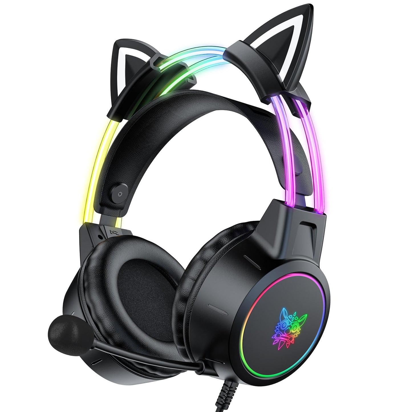 ONITOON Lightweight Gaming Headset with Detachable Cat Ears, RGB Lighting, Wired Over Ear Headphones with Mic for PC, PS4, PS5, Switch, Stereo Surround Sound, Self-Adjusting Headband