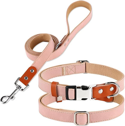 Dog Collar and Leash Set, PU Leather Dog Collar – Adjustable Eco-Friendly with Genuine Leather & Hemp, Soft Breathable Dog Collar Set for Small to Large Dogs (Pink, S（10“-16”）)
