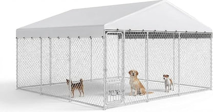 YITAHOME Outdoor Dog Kennel with Rotating Feeder Bowls & UV-Resistant Waterproof Cover, 14.8×14.8×7.9FT Outside Dog Enclosure for Yard, Heavy Duty Dogs Cage for Medium Large Dogs