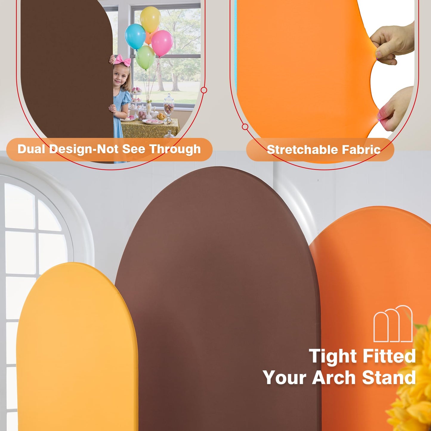 Safari Party Arch Covers Set of 3-7.2ft 6.6ft 6ft Wrinkle Free Stretchy Spandex Jungle Safari Arch Backdrop Cover for Theme Party Baby Shower Arch Photo Background Stand Cover-Brown Orange