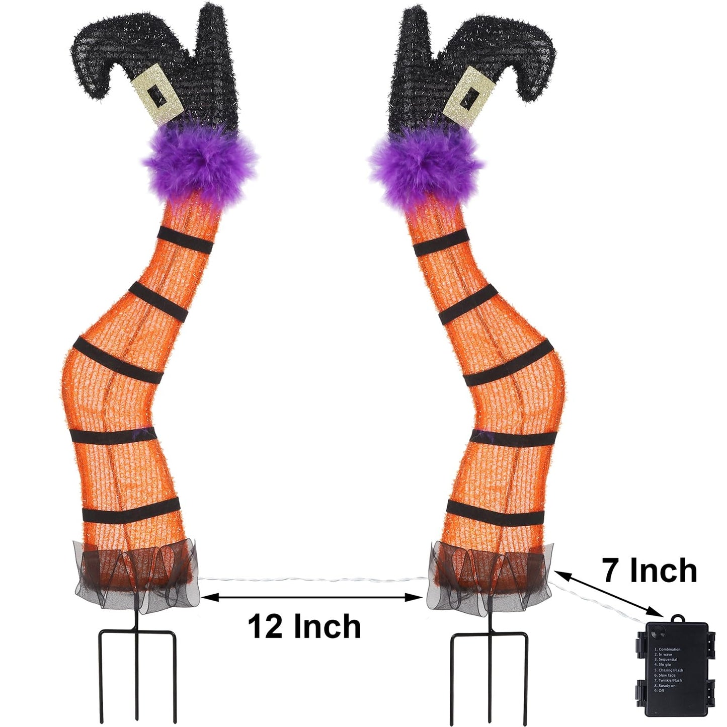 Juegoal Set of 2 Halloween Lighted Wicked Orange Witch Legs with Stakes, 22" Light Up Tinsel Halloween Yard Sign Prop Timer & 8 Modes, Battery Operated for Outdoor Party Haunted House Garden Decor