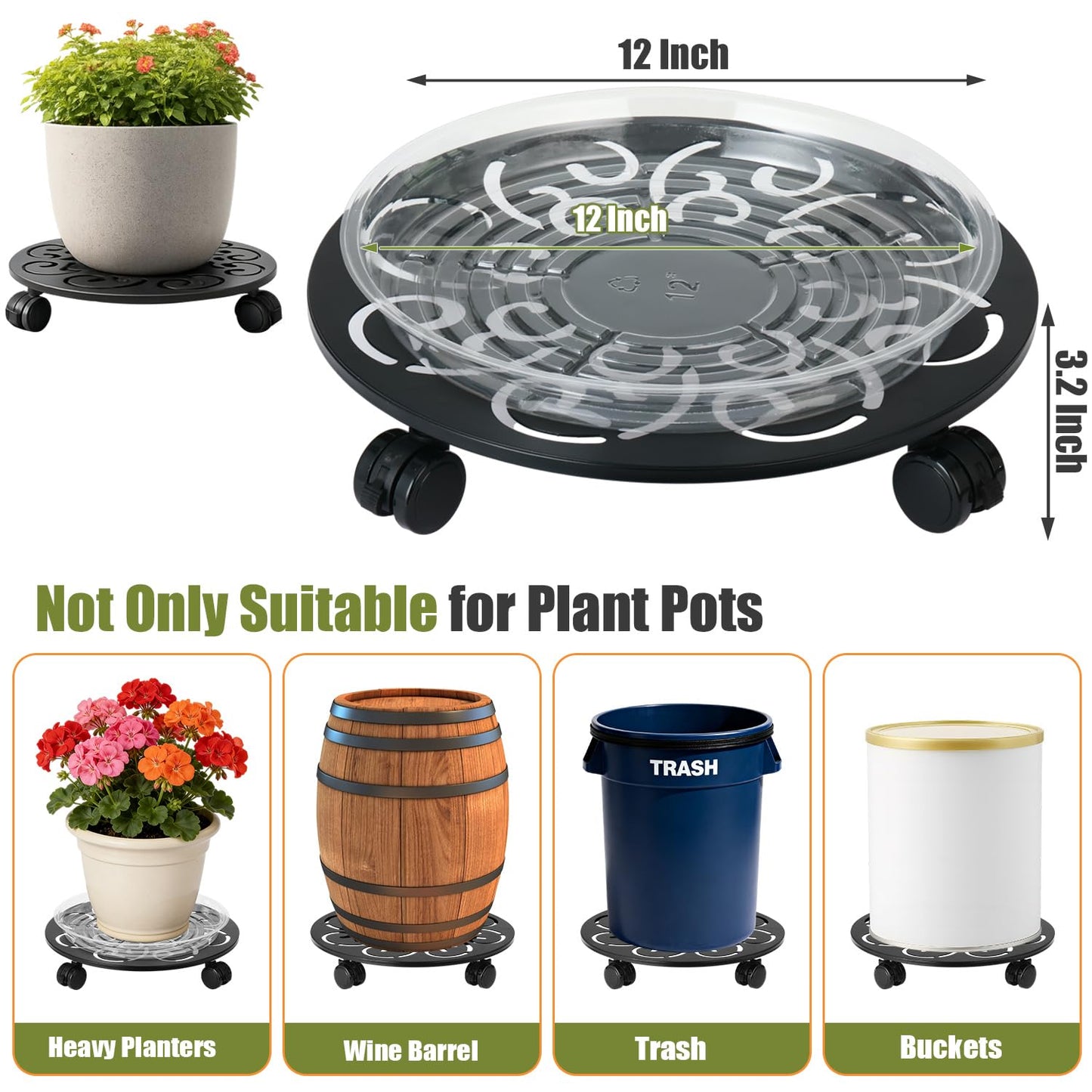4-Pack 12 Inch Metal Plant Caddy with Wheels Large Heavy-duty Rolling Plant Stands Wheeled Planter Dolly Flower Pot Mover Rollers Rust-proof Garden Coasters Trolley for Indoor Outdoor Use