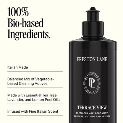 Preston Lane Luxury Dish Soap, Terrace View Scent – Plant-Powered Formula with Essential Oils | Tough on Grease, Gentle on Hands | Vegan, Cruelty-Free, Clean Ingredients