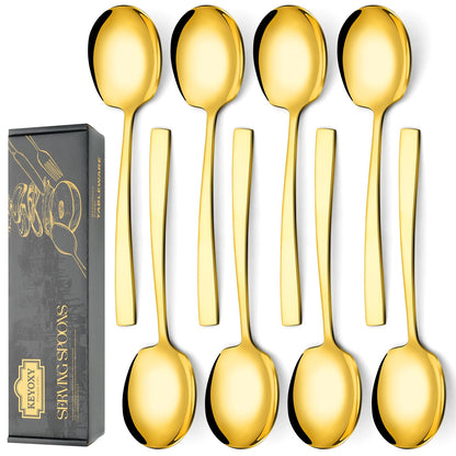 Keyoxy 8 Piece Stainless Steel Serving Spoons Set - 8 Large Spoons, 9.2-Inch, Dishwasher Safe, for Parties/Kitchen/Buffet/Catering,Gold