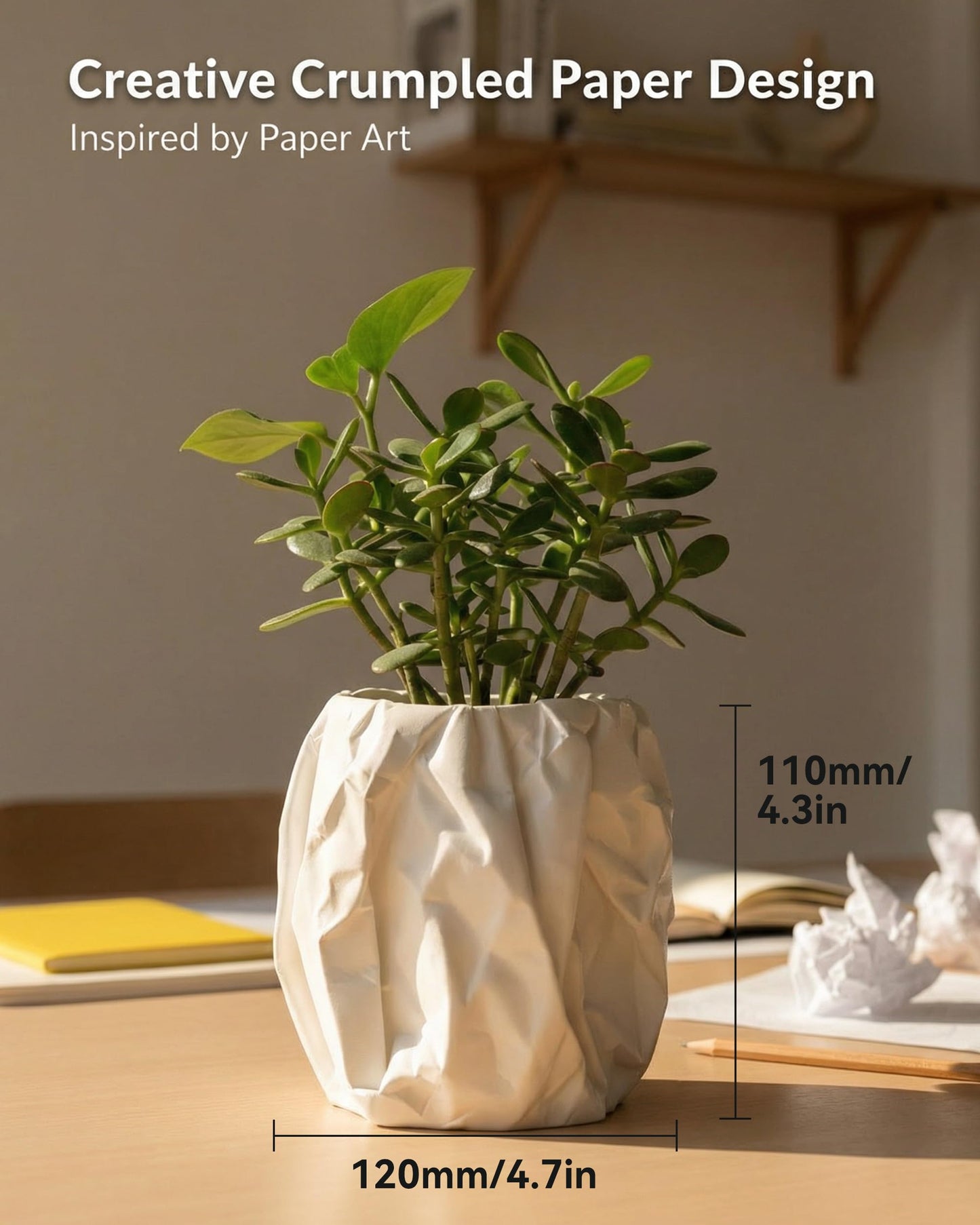 CODIAO Small White Pot Cover (No Drainage) - Unique 3D Printed Crumbled Paper Planter - Modern Artistic Cachepot for 3" Succulents - Cute Desk Decor & Creative Gift (Matte White)