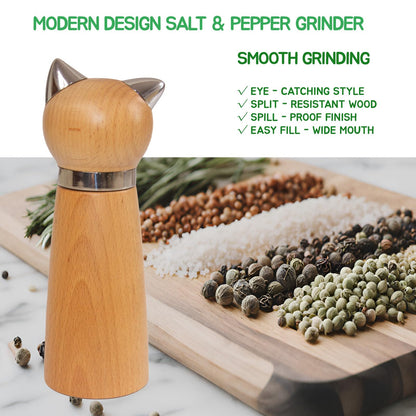 Hoivvy Manual Pepper Mill & Salt Grinder - Wood Adjustable Refillable Pepper Mill for Cat Lovers,Cute Kitchen Gift &Kitchen Counter Decor(7.6" Height)