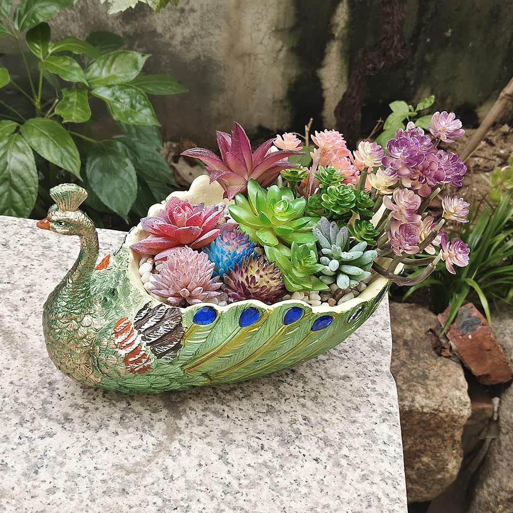 YOUUGIOR 9.4 Inch Peacock Pot Succulents Planter Plants Pot Handmade for Home Garden Office Desktop Decoration (Yellow Green)