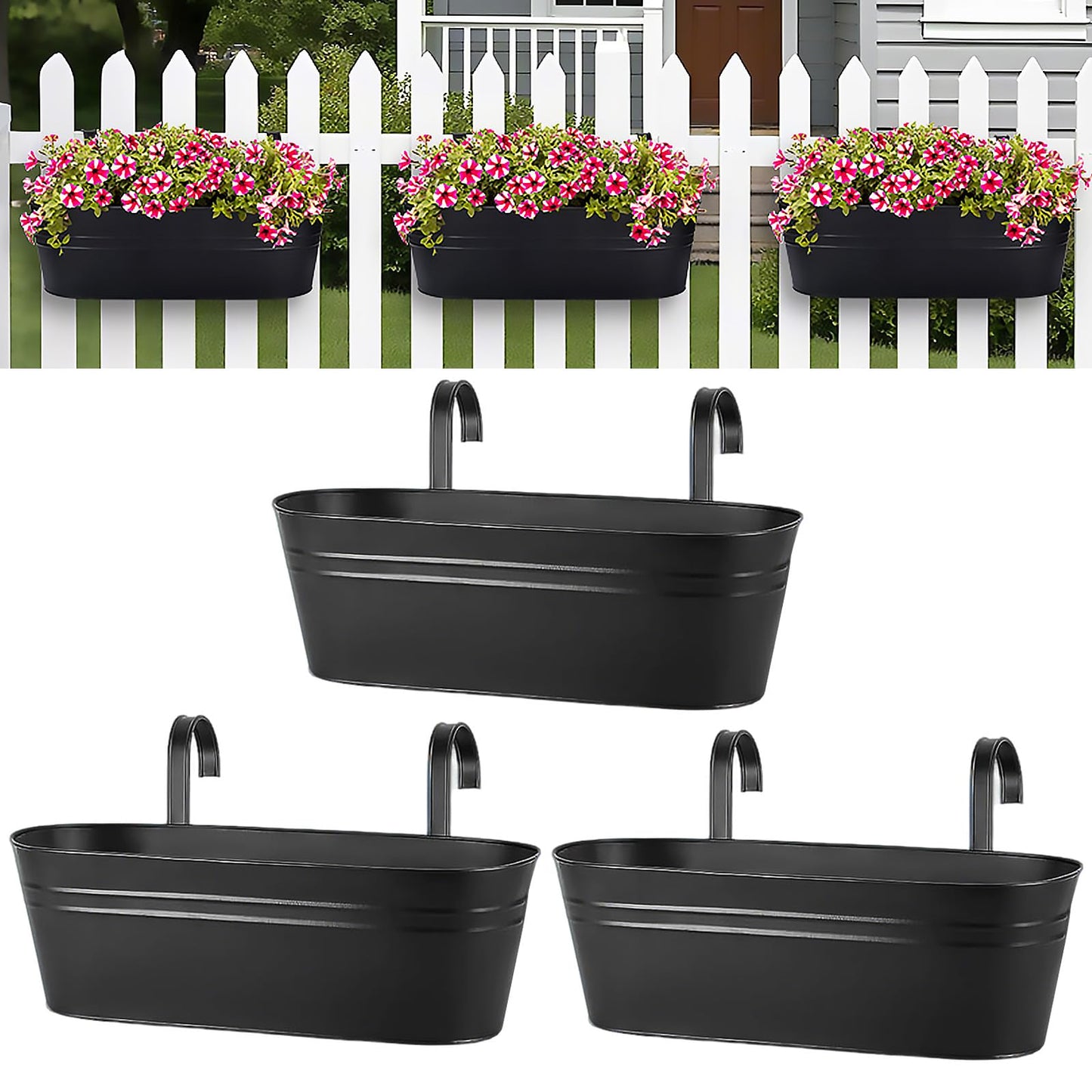 MICOKAY 3 PCS Deck Planters for Railing, 16 Inch Porch Railing Planters with Detachable Hooks and Drain Holes, Oval Hanging Flower Pots for Fence Garden, Black Metal Outdoor Planter Boxes