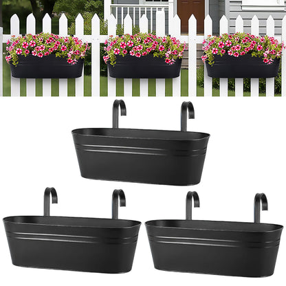 MICOKAY 3 PCS Deck Planters for Railing, 16 Inch Porch Railing Planters with Detachable Hooks and Drain Holes, Oval Hanging Flower Pots for Fence Garden, Black Metal Outdoor Planter Boxes