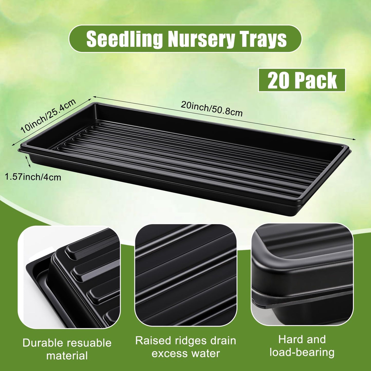 Vesici 20 Pack 1020 Seed Starting Tray Heavy Duty Plant Growing Flat Seedling for 72/128 Cell Plug Plant Nursery Tray No Hole Germination Transplant for Microgreens Gardening Greenhouse (L)