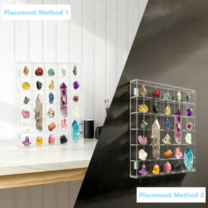 REZBLEATH 30 Grid Acrylic Clear Display Case Adjustable Crystal Display Shelf Rock Collection Box for Storage Crystals Stones and More, Wall Mounted Transparent Rock Display Box with Magnetic Lid