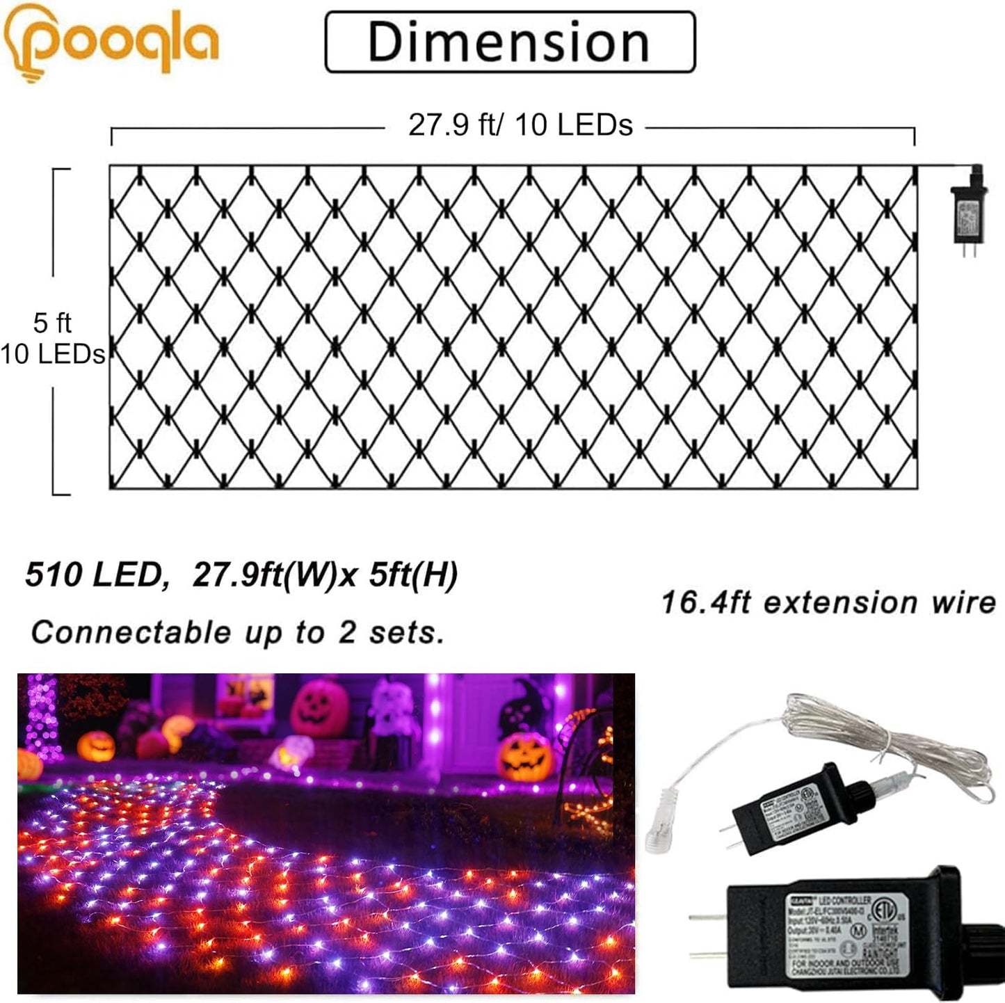 Halloween Net Lights, 510 LED Large Outdoor Net Mesh Lights for Bushes 28x5ft, 8 Modes Waterproof Twinkle String Light Connectable for Hedge Yard Decor, Orange and Purple