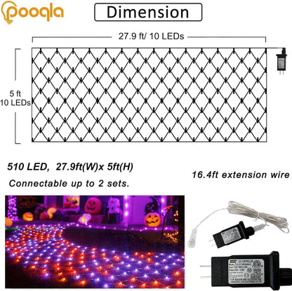 Halloween Net Lights, 510 LED Large Outdoor Net Mesh Lights for Bushes 28x5ft, 8 Modes Waterproof Twinkle String Light Connectable for Hedge Yard Decor, Orange and Purple