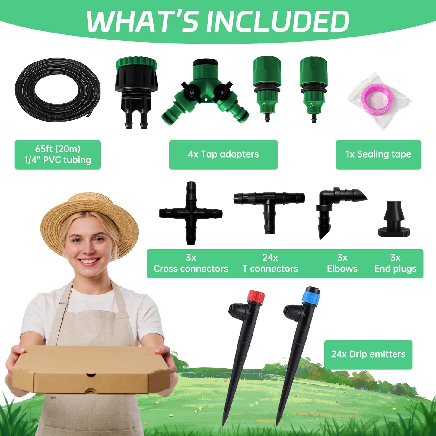 IKKAB Automatic Drip Irrigation System for Garden, 65ft Garden Watering System with 1/4" Tubing & Sprinklers, Drip Irrigation Kit for Outdoor Plants, Raised Beds, Greenhouse,Patio