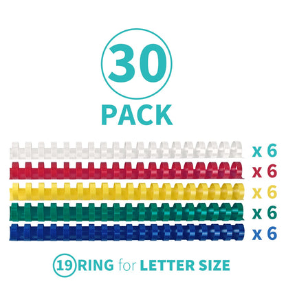 Binditek 30 Pack Plastic Binding Comb Spines, 3/4 Inch Diameter, 150 Sheet Capacity, 19 Ring, for Letter Size, Multi Color (White, Yellow, Red, Green, Blue)