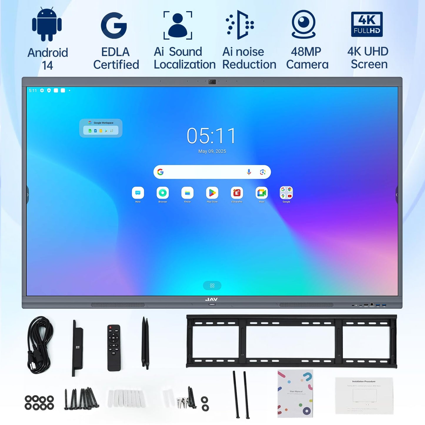 JAV 86 Inch Smart Board 4K UHD Interactive Whiteboard with EDLA Certification Built-in Android OS for Classroom Office Home Digital Display 8+128 GB for Hybrid Work (86 Inch)