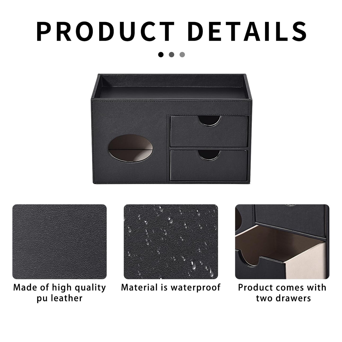 RHCSZ Square Tissue Box Cover with Drawers,Tissue Box Holder with Storage Tray, Makeup Organizer and Desk Organizer,Tissue Holders Decorative for Bathroom Vanity NightStand Dressing Table (Black)