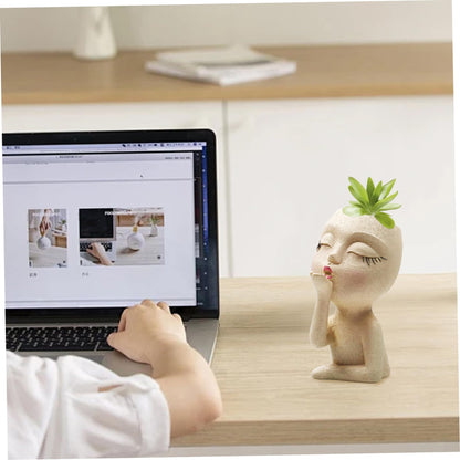 Latemeia Face Planter Cute Girl Face Flower Pot Throwing Kisses Resin Head Planter Vivid Decorative Unique Plant Pots for Home Balcony Garden Yard, Beige Yellow, Décor de pelouse