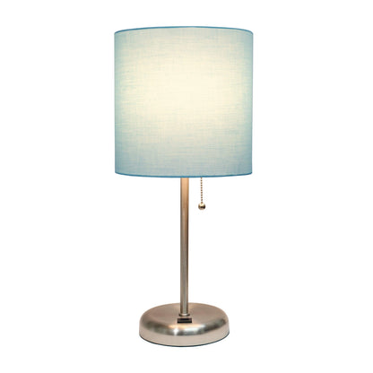 Simple Designs LT2044-AQU-LB Brushed Steel Stick Table Desk Lamp with USB Charging Port and Drum Fabric Shade for Living Room, Hallway, Nightstand, Office, Aqua Shade, with Feit LED Bulb Included