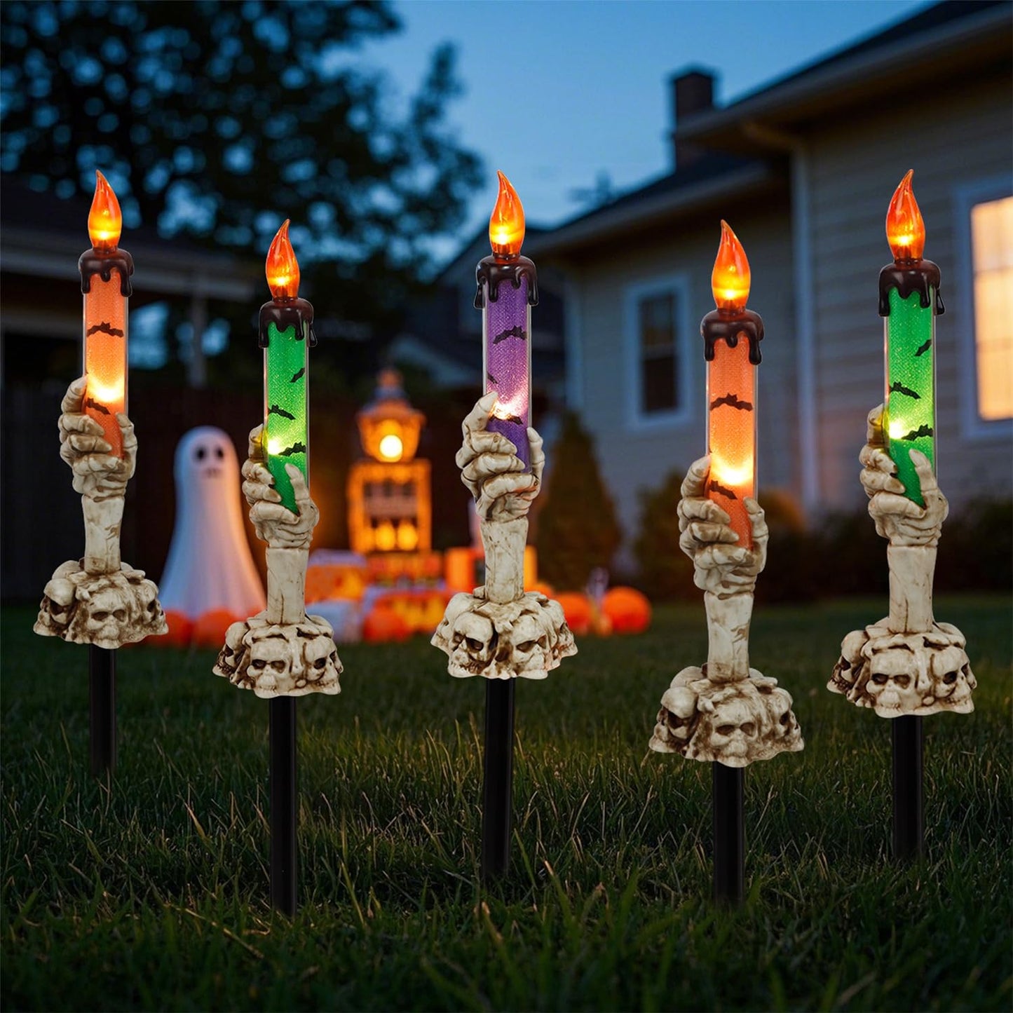WATERGLIDE Halloween Candle Light Stakes, 5 Pack Skeleton Hands Hold Lighted Candle Pathway Makers, Waterproof Battery Operated with Timer, Light Up Figurine for Indoor Outdoor Holiday Party