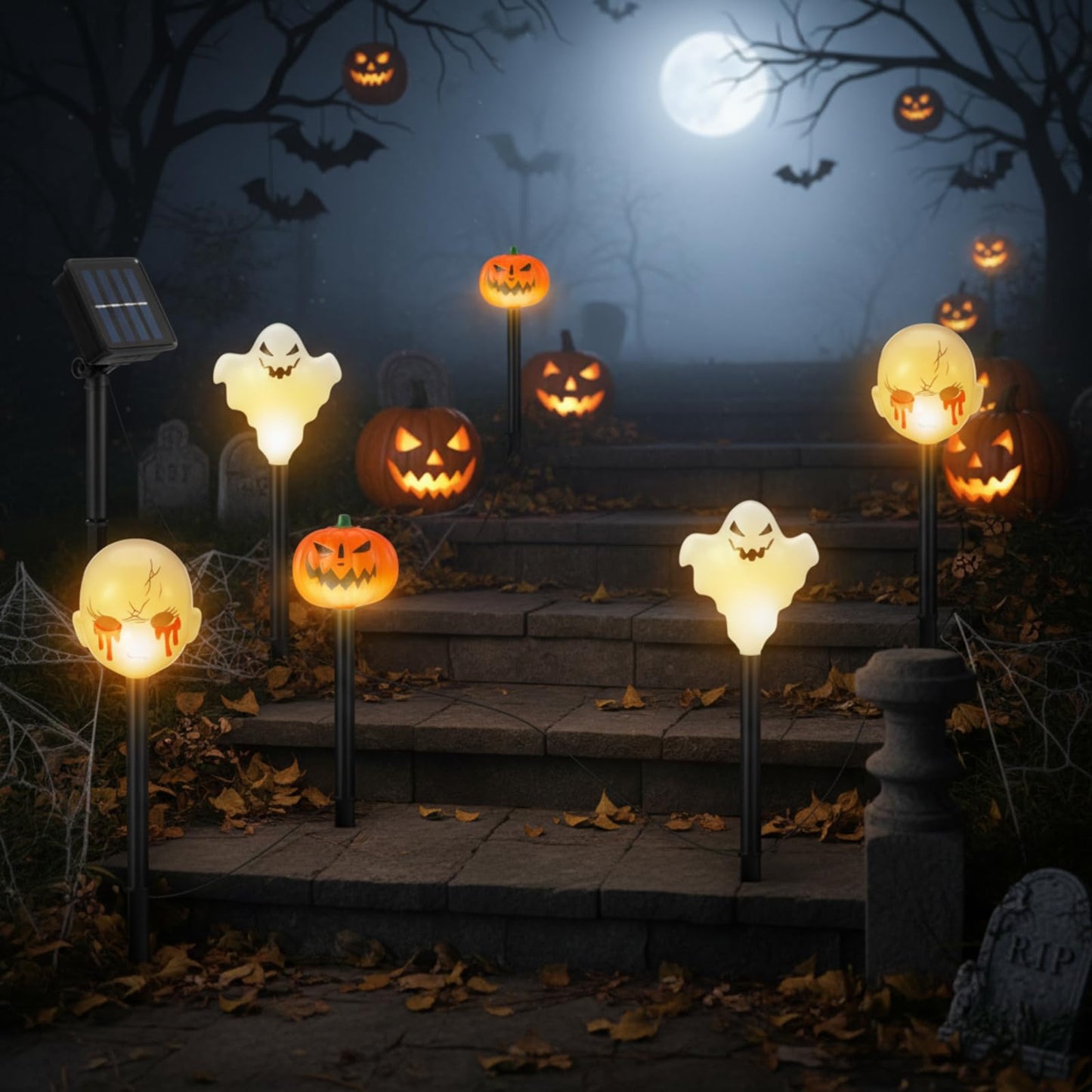 Glooglitter 6 Pack Halloween Decorations Outdoor Solar Stake Lights Halloween Lights Waterproof for Garden Patio Yard Pathway Grave Lawn Porch Party Decor(Purple Ghost)