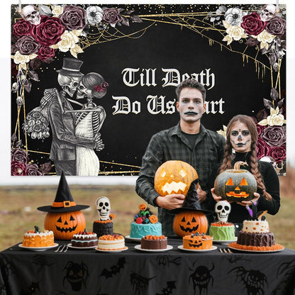 AIBIIN Halloween Till Death Do Us Part Backdrop Spooky Skull Gothic Wedding Photography Background Bridal Shower Bride and Groom Mr and Mrs Anniversary Party Decorations Banner 70.8 x 43.3 inch