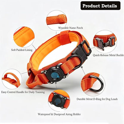 Upgraded AirTag Dog Collar,Waterproof Tactical Dog Collar with AirTag Holder, Control Handle and Metal Buckle,Heavy Duty Dog Collars for Large Dogs(Orange，XXL