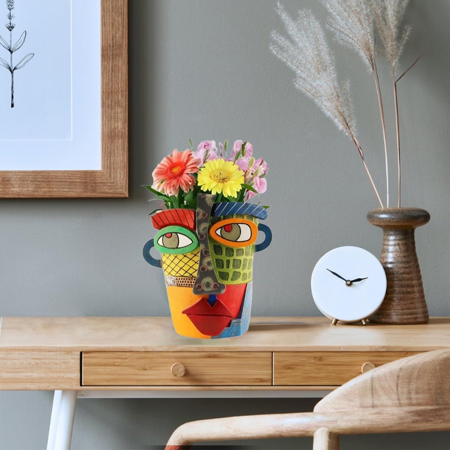 TOZLU Picasso Brutalist Abstract Beauty Flower Pot Ornaments Head Planter Pots Container Face Planters Pots Head Colorful Face Art Resin Flower Pot (Modern Big)