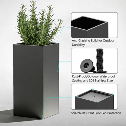 Set of 2 Tall Metal Planter Box for Outdoor Plants,14" L x 14" W x 30" H Heavy Duty Tall Outdoor Planter with Removable Insert Shelf for Porch, Patio, Backyard| Modern Décor|Built-in Drainage|(Black)