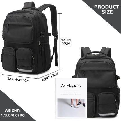 Lohol Water Resistant Backpack with Multifunctional Pockets for Teens, Durable Bookbag fits 15.6 inch Laptop for School Travel College, 25L (Black)
