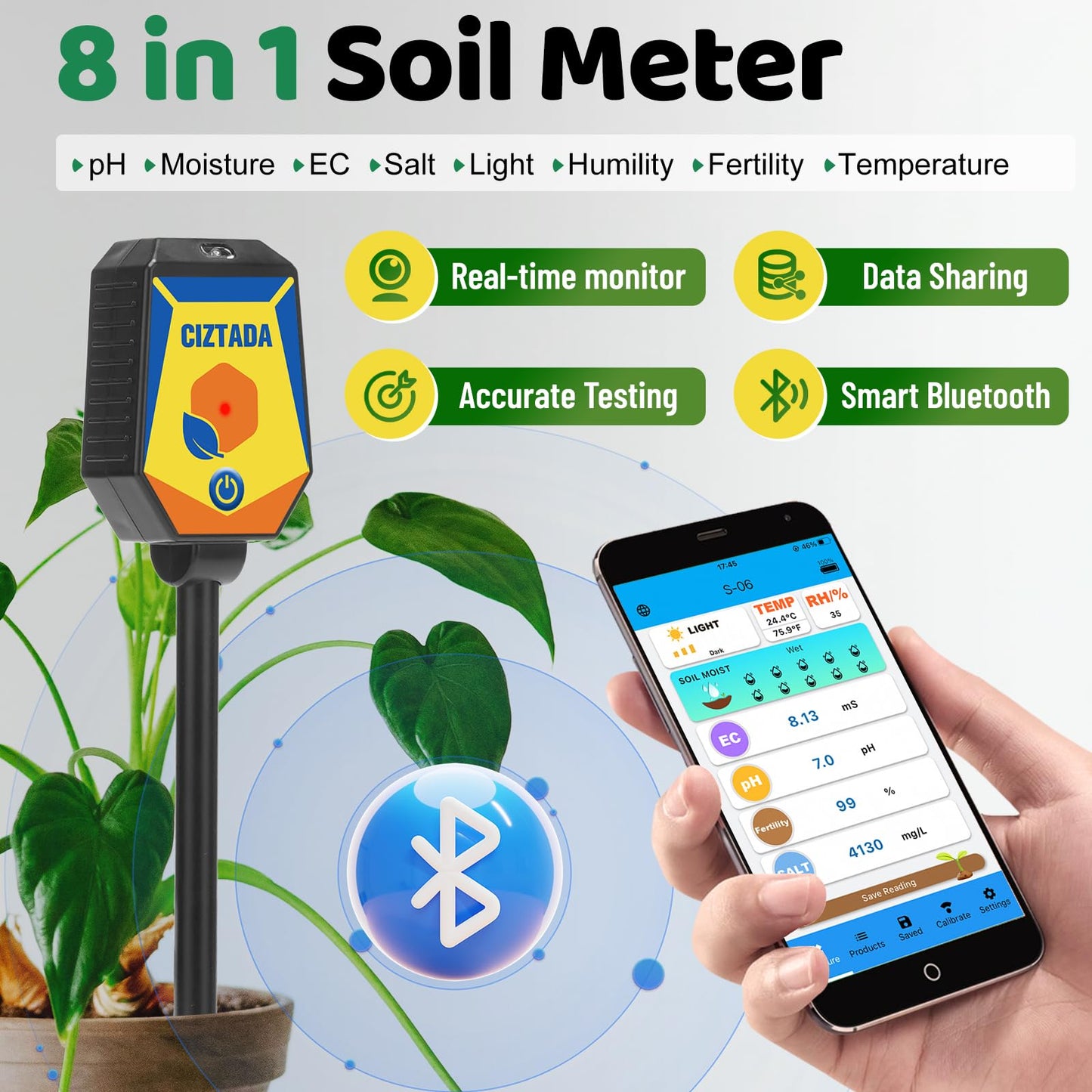 CIZTADA Smart Soil Moisture Meter pH Salinity Tester 8 in 1 Moisture pH Light Environment Humidity Fertility EC Salt Temp Soil Meter for Indoor/Outdoor Plants with App Monitor for Garden, Lawn, Farm
