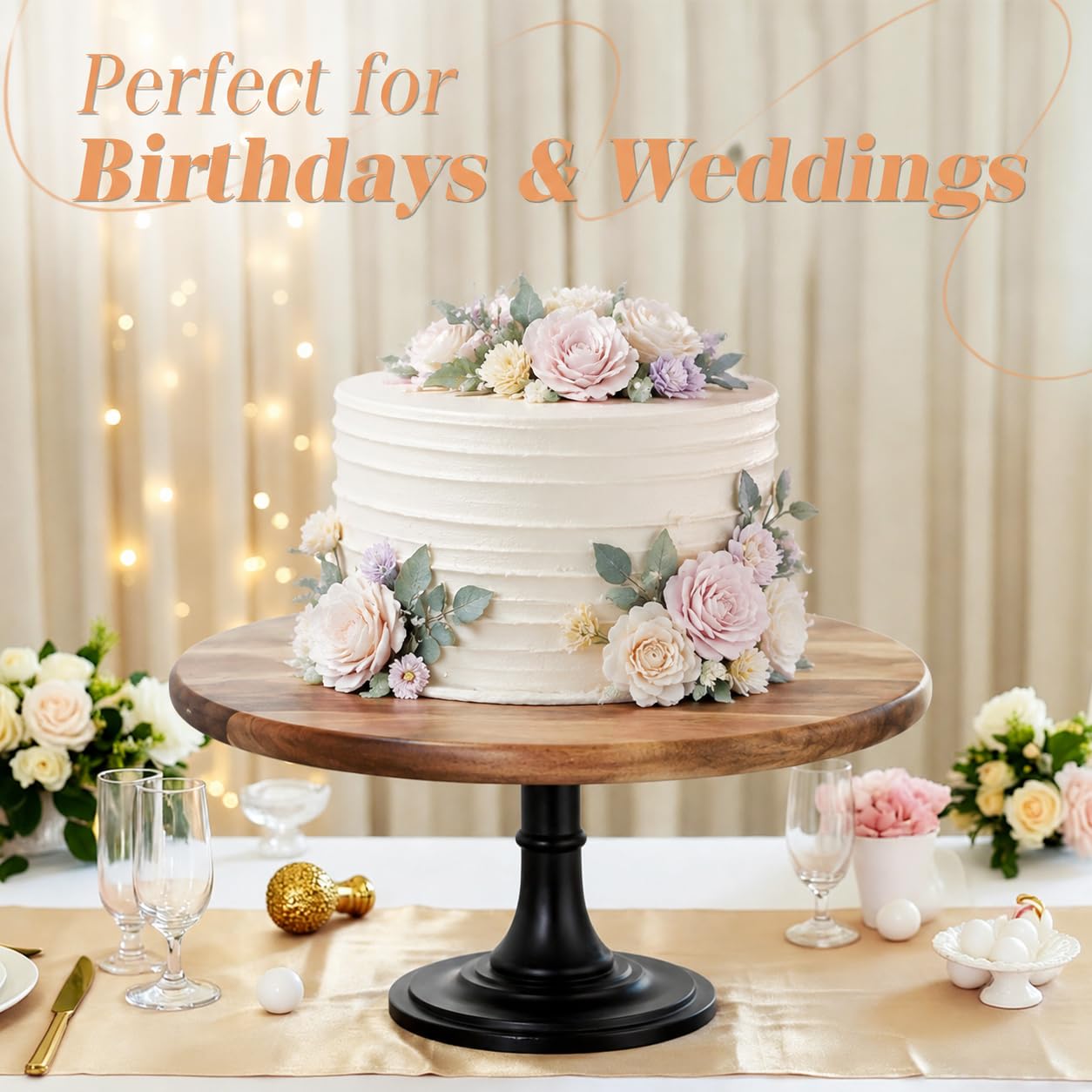 NUPTIO Cake Stand Cupcake Display: Wedding Cup Cake Pedestal Stands Round Acacia Wood Dessert Riser Cookie Serving Tray Vintage Pie Plate Holder Farmhouse Halloween Christmas 11.81 Inch/30cm