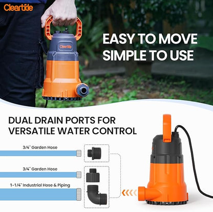 Cleartide Submersible Utility Water Pump, 1/3 HP 2790 GPH, 100% Copper Motor, Thermoplastic Portable Plug & Work, Ideal for Pool, Flooded Basement, Hot Tub, Pond & Garden Draining,10 FT Cord