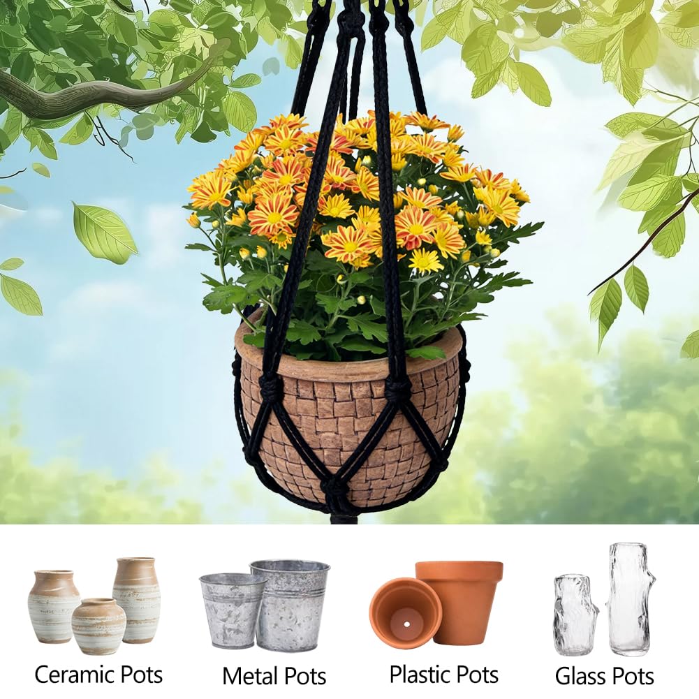 Jaxbo Macrame Plant Hangers 2 Pack Indoor Outdoor Hanging Planter Basket Handmade Rope Hanging Plant Holder for Indoor Outdoor Boho Home Decor 41 Inch, Black