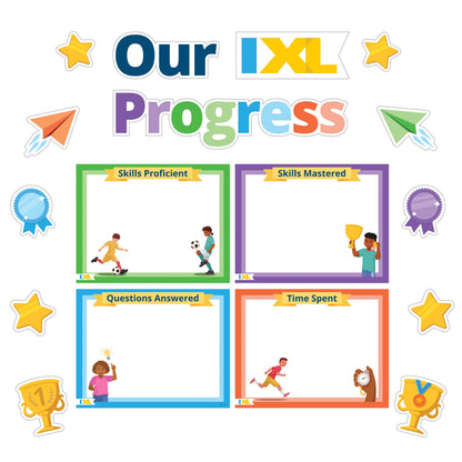 Our IXL Progress 18PC Dry Erase Bulletin Board Set, Header, Write-On Wipe-Off Posters, and Colorful Cardstock Cutouts, Goal Trackers Charts and Teacher Supplies for Classroom Management