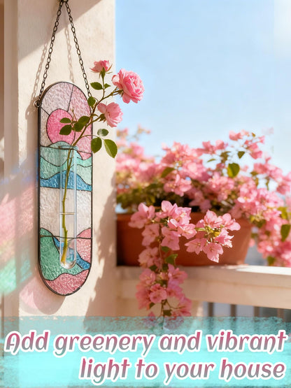Stained Glass Plant Propagation Stations - Handmade Sunshine Catcher Hydroponic Planter Window Hanging with Glass Tubes, Terrarium Decor Gifts for Women Mom Plant Lovers, Pink