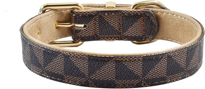 Leather Dog Collar and Leash Set, Check Pattern Dog Collar Leashes Metal Buckle Adjustable Durable for Small Medium Large Dogs (Brown, L(14.5-18.5IN))
