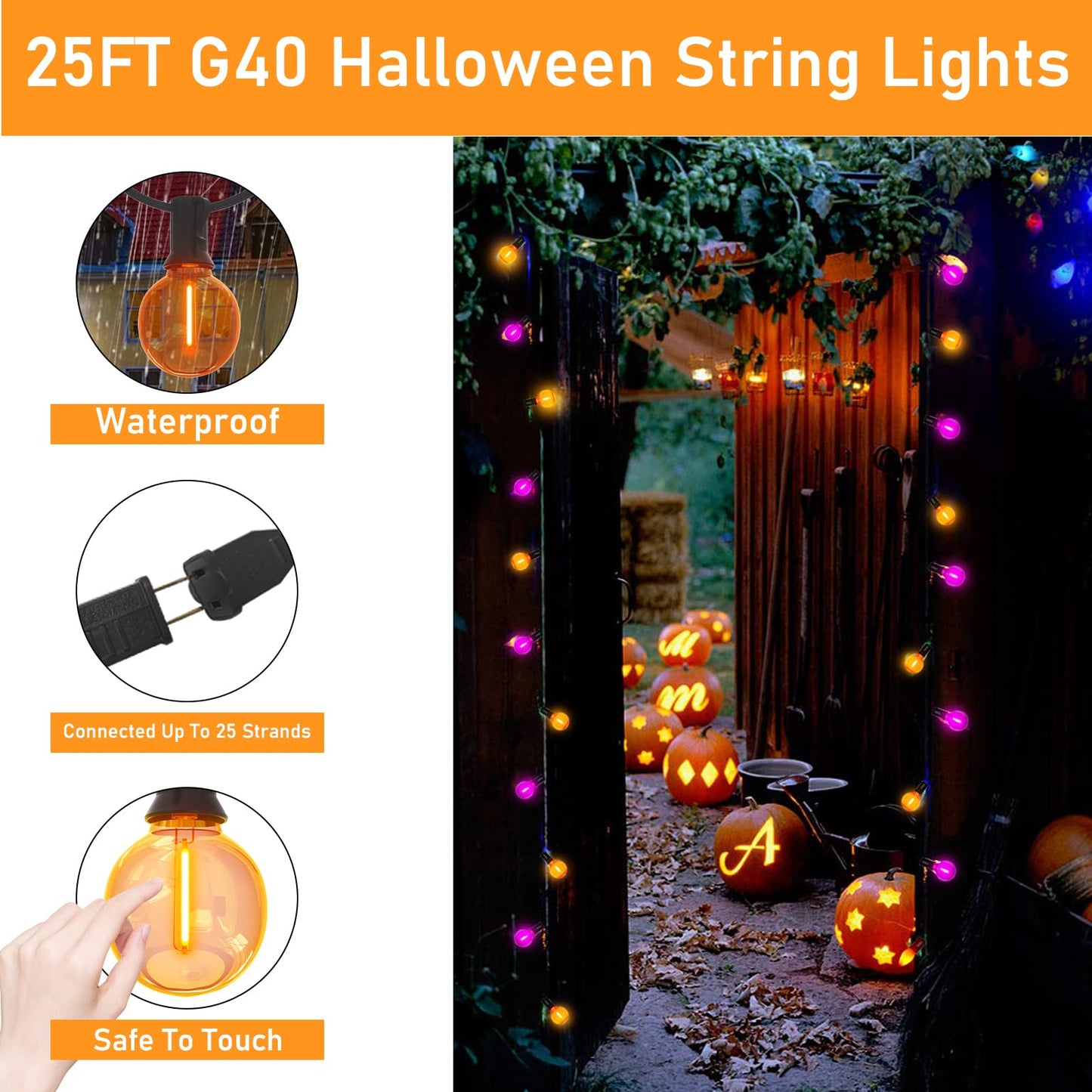 Romasaty Purple and Orange Halloween Lights, 25FT 27 Count Halloween G40 LED String Lights, Indoor Decoration Lights for Outdoor Patio Home Party Garden Yard-Black Wire