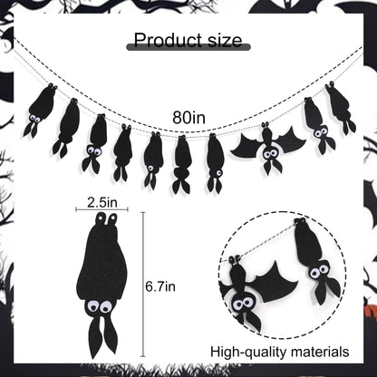 Felt Bat Garland - Halloween Black Bat Banner, Gothic Party Decor, Hanging Bat Mantel Bunting, Spooky Garland for Fireplace Mantle Walls
