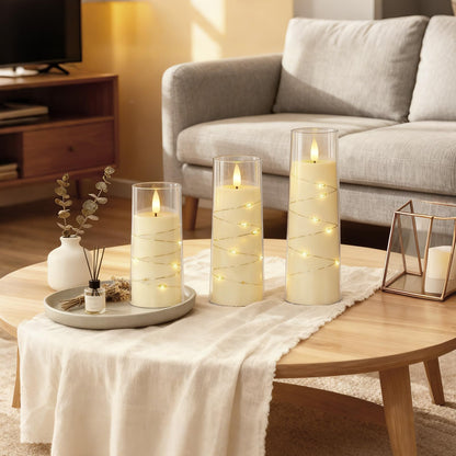 Raycare Flameless Candle with Remote Timer, 3 Flickering Acrylic Battery Operated LED Pillar Candles with Embedded Star String for Christmas, Wedding, Home Table Decor, and as a Gift (Ivory White)