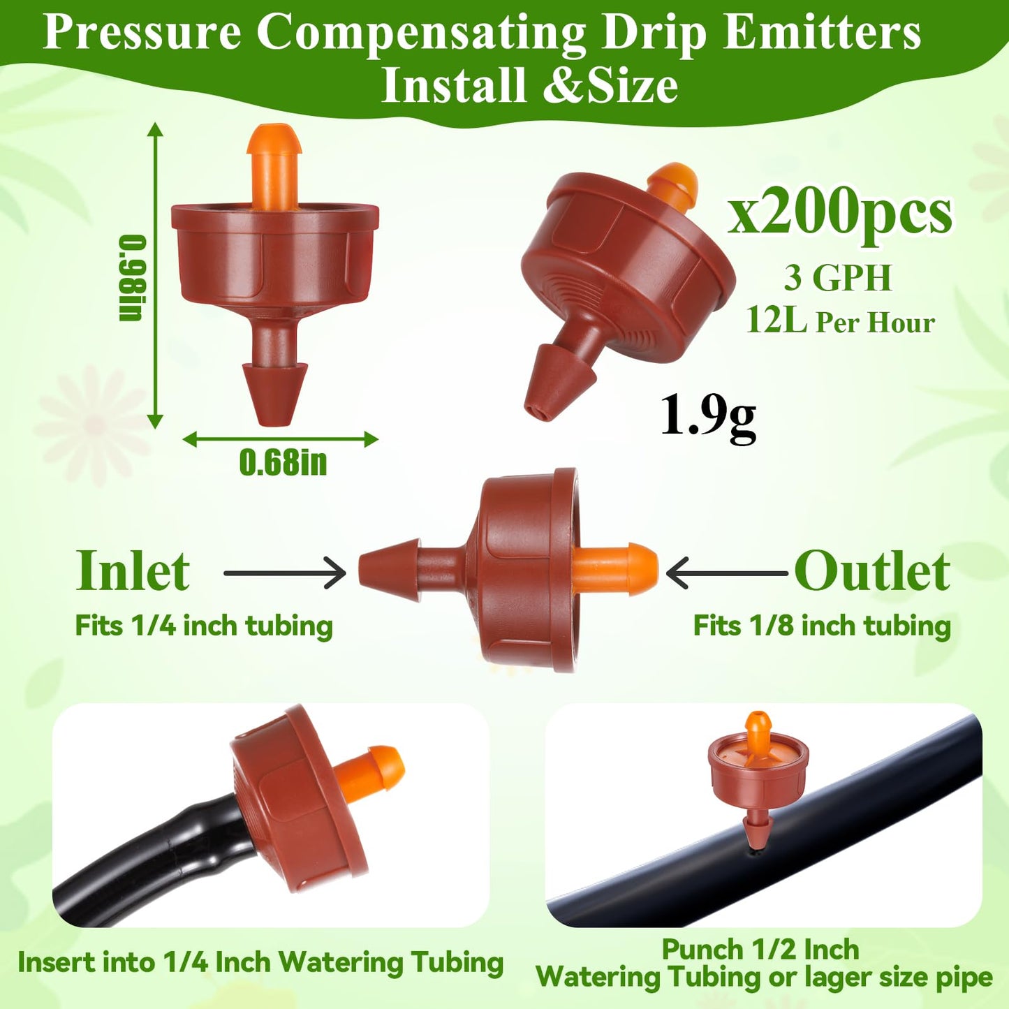 FULAIERGD 200Pcs 3 GPH Pressure Compensating Irrigation Drippers, Watering Spot GPH Dripper Drip Emitters Heads Constant Flow Outlet Heads for 1/4 Inch Irrigation Tubing for Garden Irrigation System
