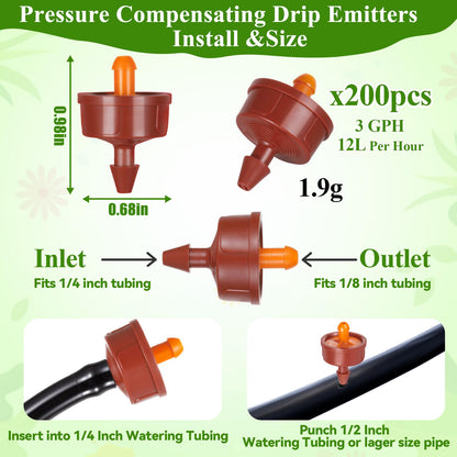 FULAIERGD 200Pcs 3 GPH Pressure Compensating Irrigation Drippers, Watering Spot GPH Dripper Drip Emitters Heads Constant Flow Outlet Heads for 1/4 Inch Irrigation Tubing for Garden Irrigation System