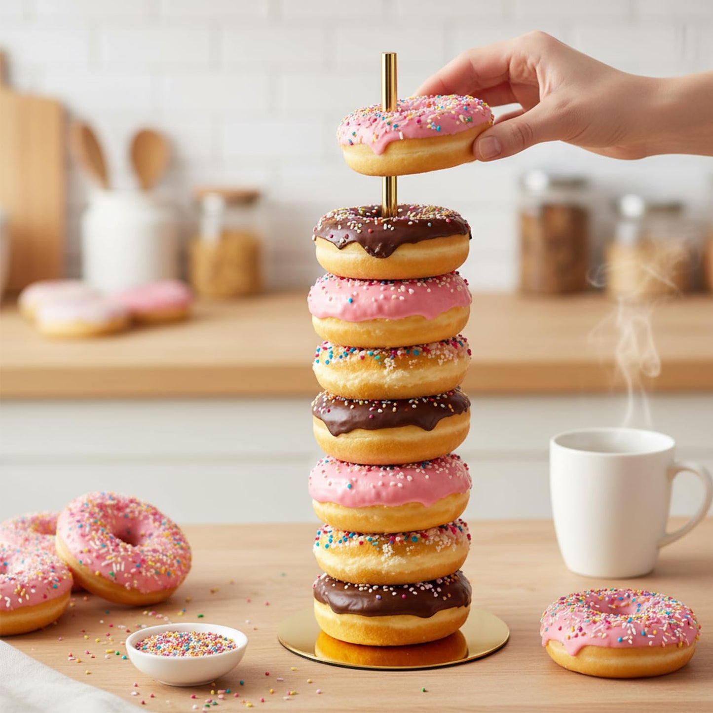 Otoolling 2 Pcs Metal Donut Display Stand Tower Bagel Holder Cake Stand Dessert Table Doughnut Holder Display Tower for Birthday Wedding Party and Donut Themed Party Decorations (Gold)