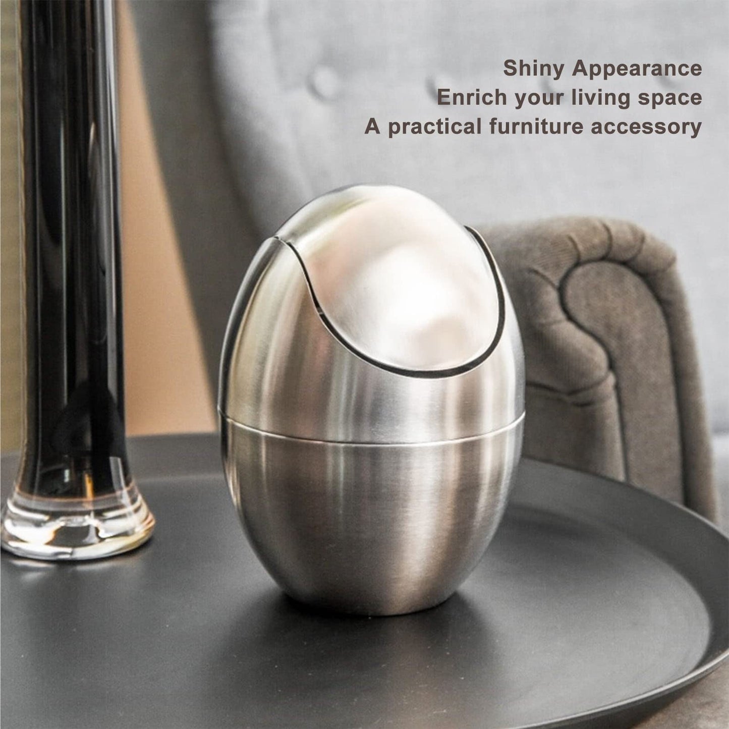 Tyenaza Mini Trash Can, Egg-Shaped Stainless Steel Countertop Garbage Bin, Mini Desk Can with Swing Lid for Office Desk, Coffee Table, Vanity Tabletop, Bedroom