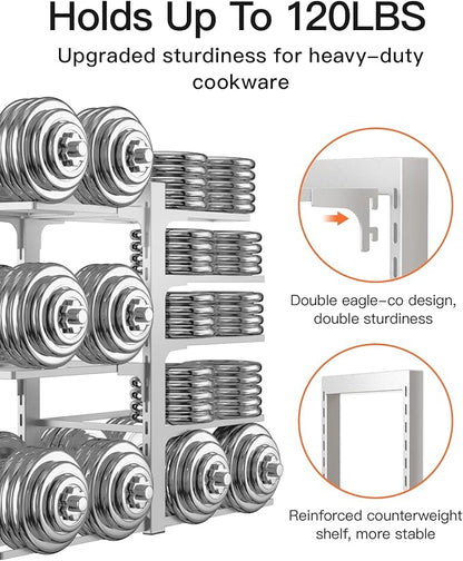 ORDORA Pots and Pans Organizer Rack for Cabinet, 15.83" Height 8-Tier Heavy Duty 120LBS Pot Pan Organizer under Cabinet Adjustable for Cast-iron Pan, Heavy Skillets Griddles, Shallow Pot, Silver