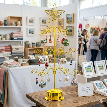 HOHIYA 24” Rotating Ornament Display Tree Stand 36 Hooks Metal Tabletop Display Rack for Christmas Ornaments Halloween Decor Craft Show Display Heavy Duty Brass Gold