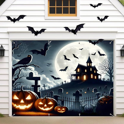 Halloween Garage Door Decorations 7 x 8 Ft Hanging Backdrop Horror Moon Night Halloween Garage Door Cover Scary Cemetery Pumpkin Banner Photo Background for Home Spooky Party Wall Window Yard (Black)