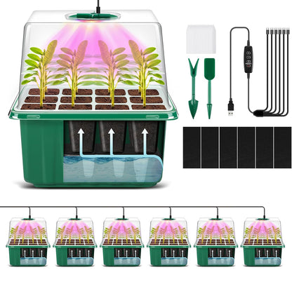 YAUNGEL Self-Watering Seed Starter Trays with Grow Light, 6-Pack 72-Cell Seed Starter Kit with Timing Controller Adjustable Brightness, Thicken Seed Starter Kit Humidity Dome Heightened Lids, Green